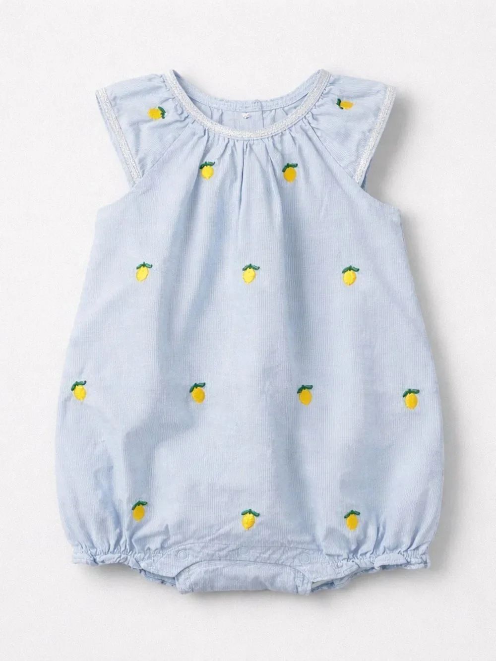 Janie and Jack Blue Cotton lemon embroidery bubble romper 6-12 months